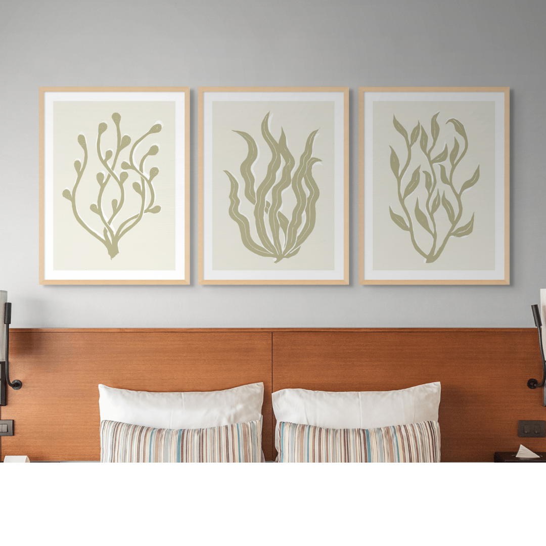 Set of Three Abstract Neutral Lino Cut seaweed prints - Unframed