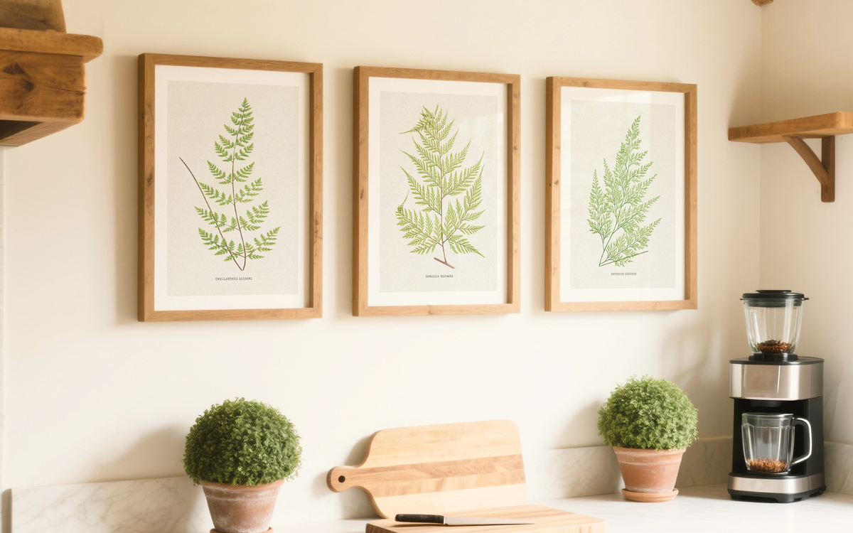 set of three vintage fern prints in country kitchen