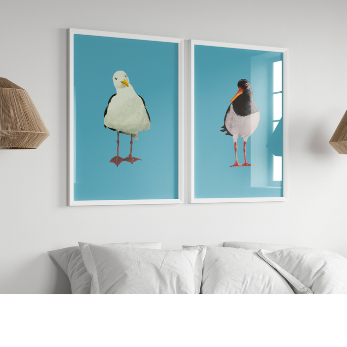 Set of Two Bird Paintings on Blue - Unframed