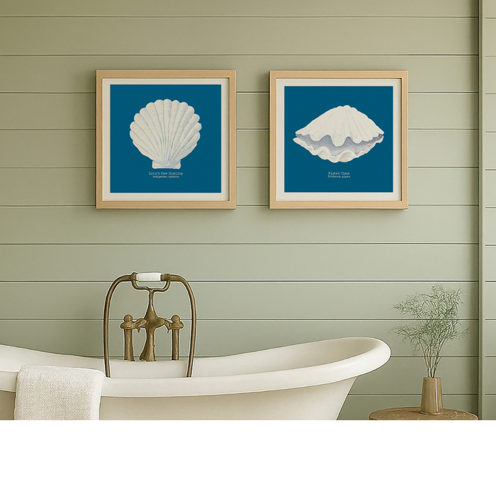 Set of Two Shell Paintings on Blue - Unframed