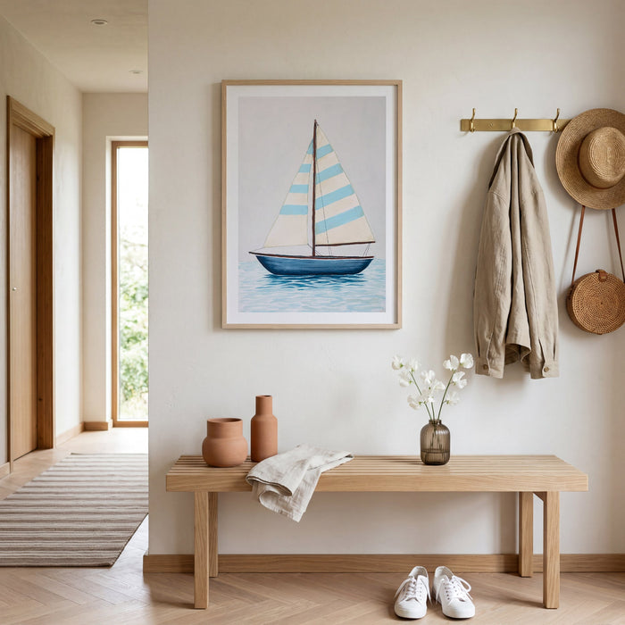 Boat painting in coastal hallway. Nautical-themed room with a bench, shoes, and wall art.