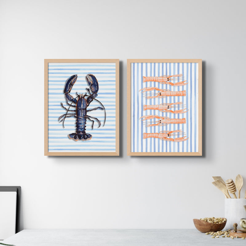Langoustine Painting on Striped ackground | Kitchen Wall Art Print - Unframed
