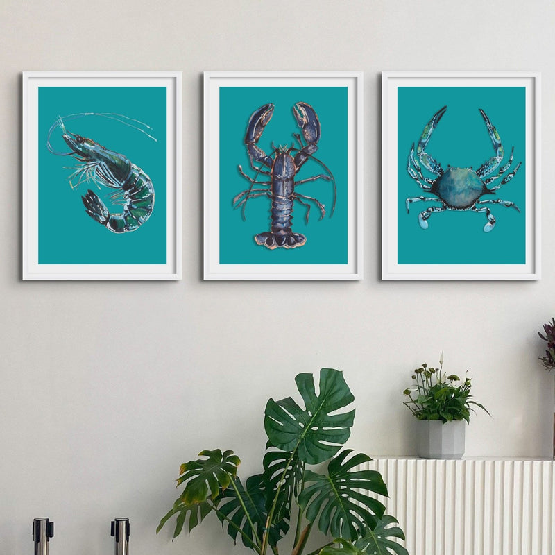 Prawn Painting | Shellfish Kitchen Art Print |Prawn Print on green background - Unframed