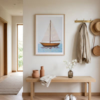 Nautical-themed room with a sailboat painting, wooden bench, and shoes.