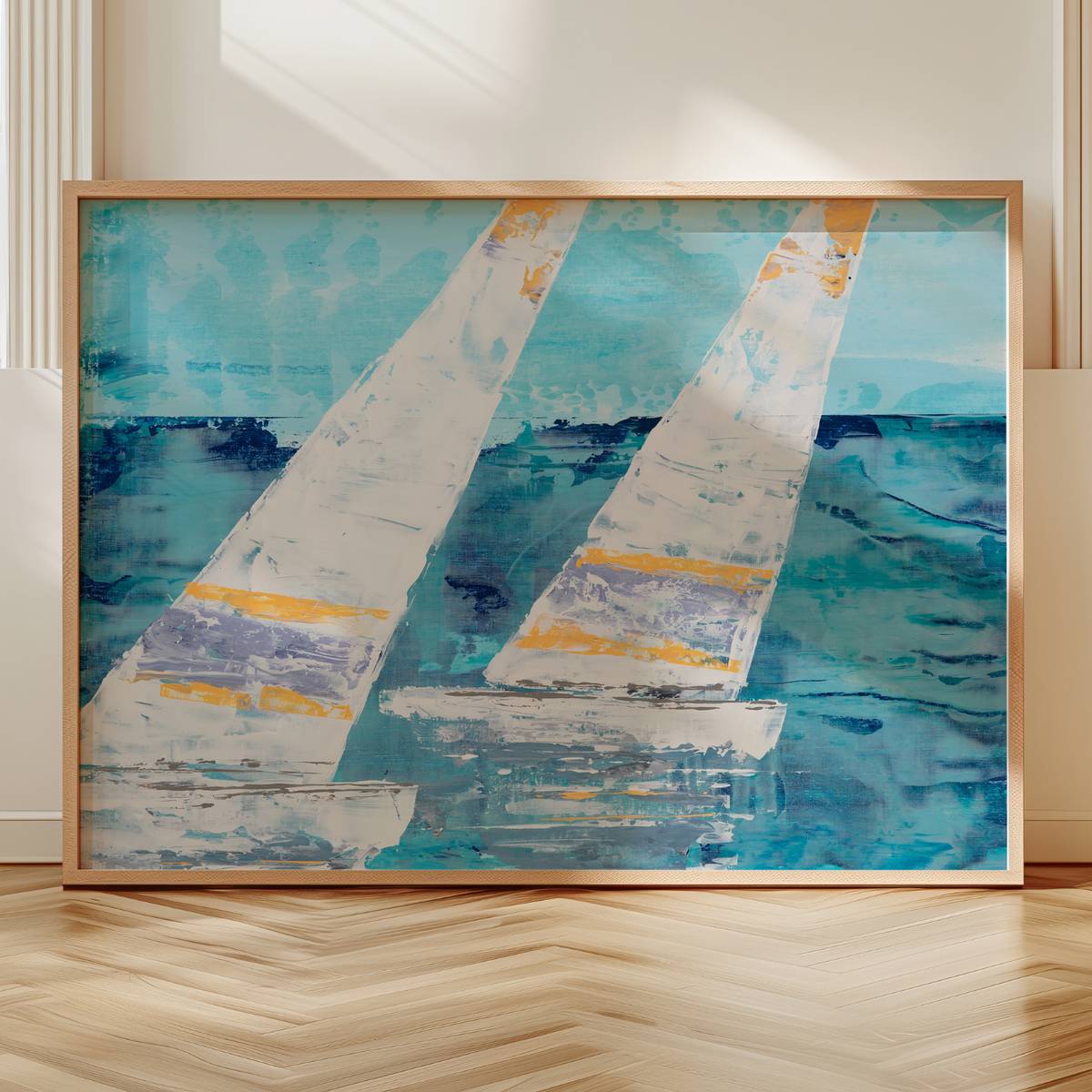 Framed abstract painting of sailboats on a wall in living room