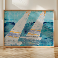 Framed abstract painting of sailboats on a wall in living room