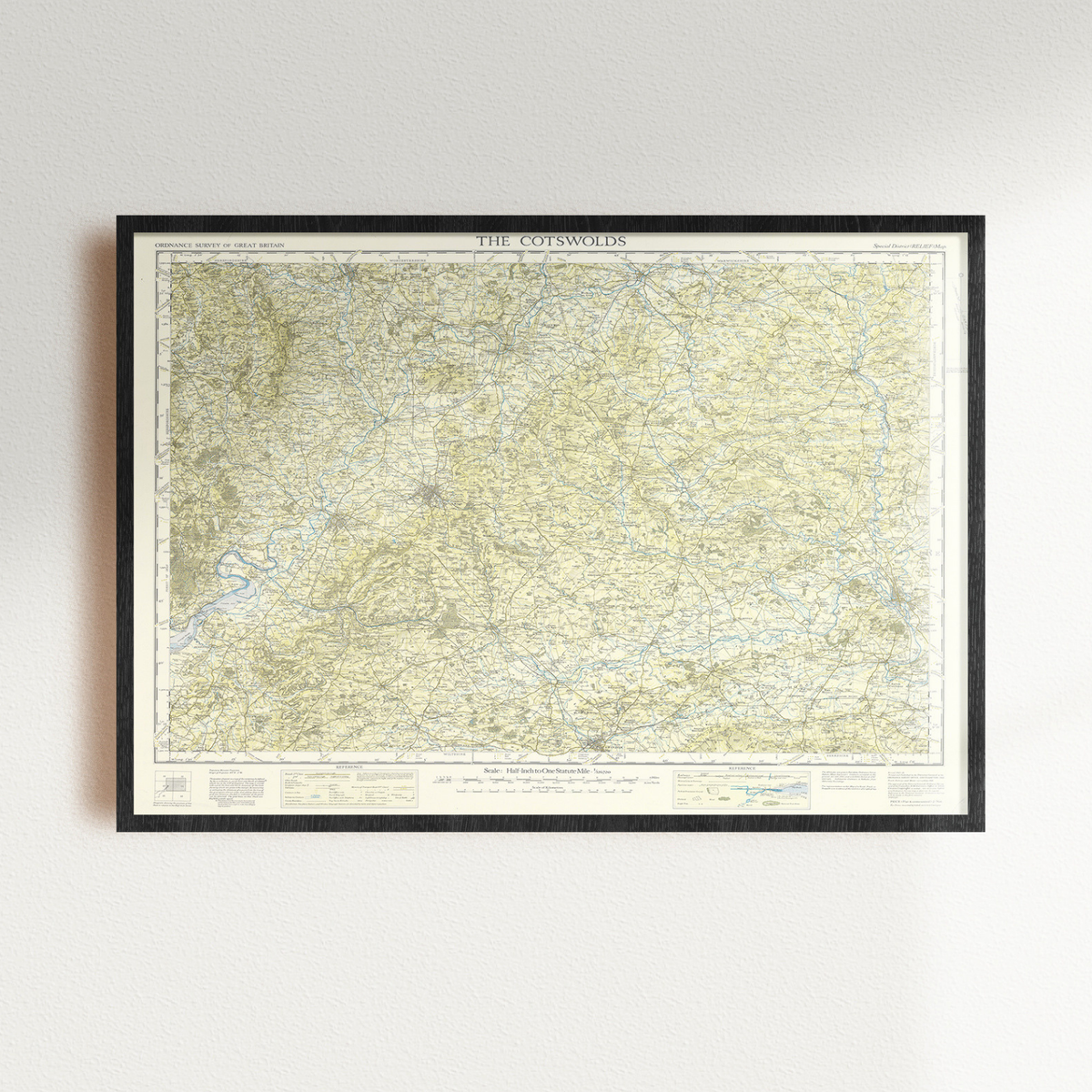 Framed vintage map of The Cotswolds on a white wall