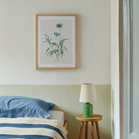 vintage cornflower painting framed on wall in bedroom - botanical wall art in bedroom