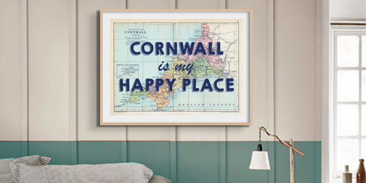 cornwall map print in bedroom above bed - vintage personalised map print of cornwall