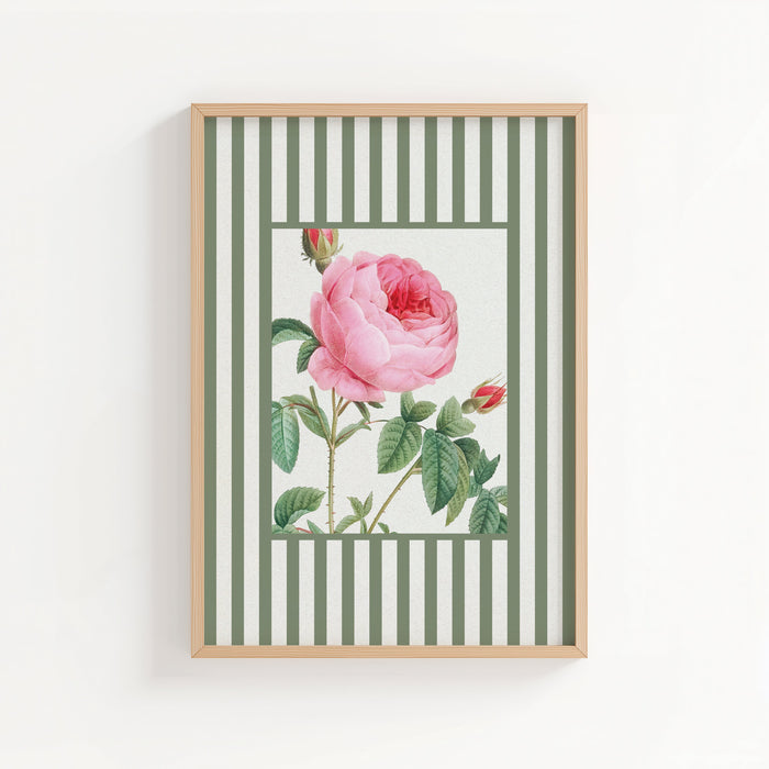 Framed artwork with a pink rose on a green and white striped background