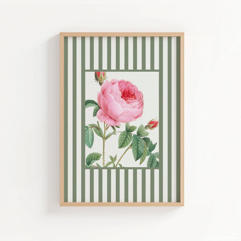 Framed artwork with a pink rose on a green and white striped background