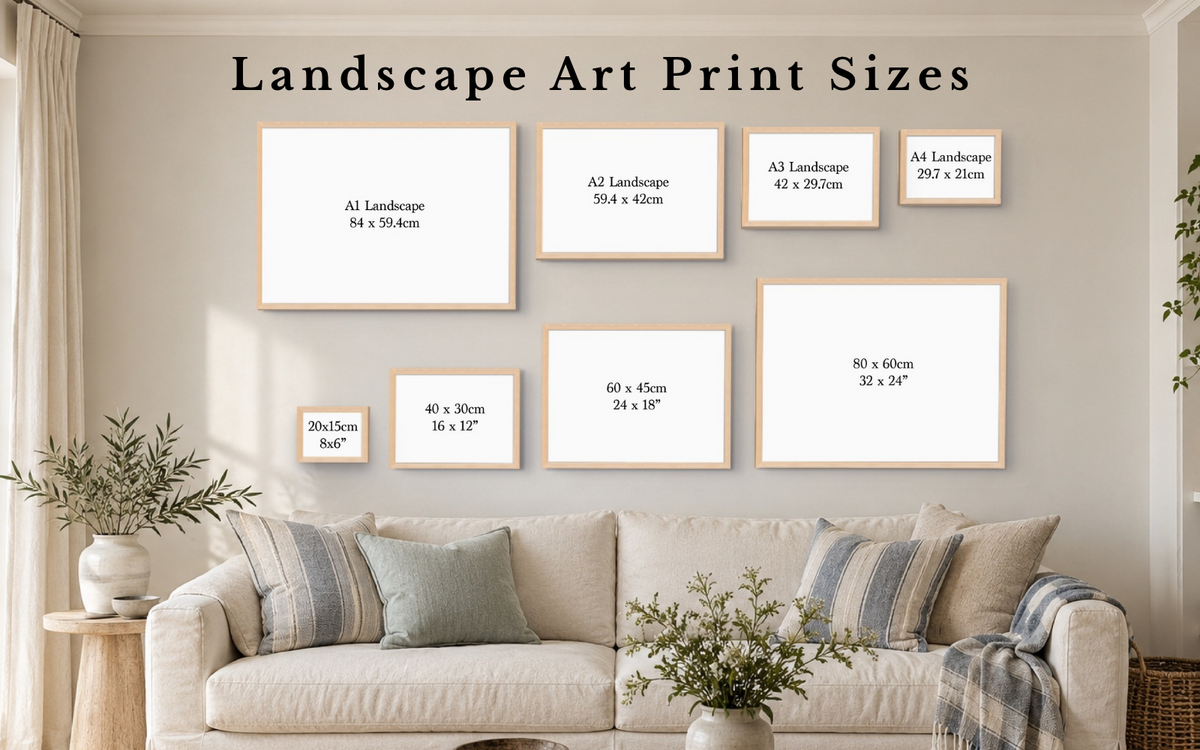 Landscape wall art size guide showing A4 to A1 and 20 x 15cm to 80 x 60cm framed prints above a sofa.
