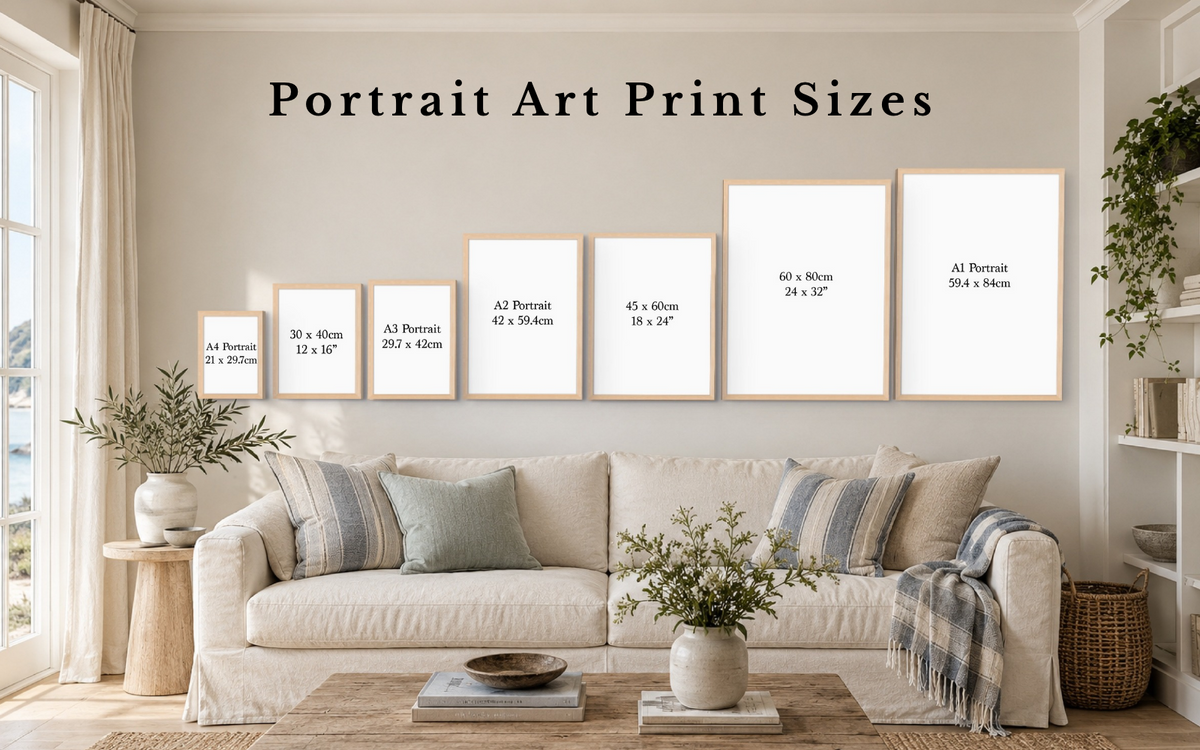 Portrait wall art size guide showing A4, 30 x 40cm, A3, A2, 45 x 60cm, 60 x 80cm and A1 framed prints above a sofa.