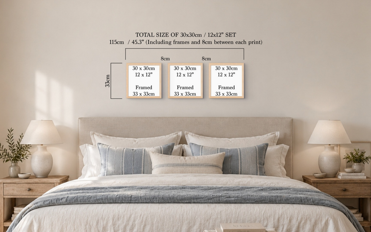 A styled bedroom scene showing a bed with pillows and bedside tables, with a printed size diagram overlaid above the headboard. The diagram indicates a total size of 30x30cm / 12x12" set, 115cm / 45.