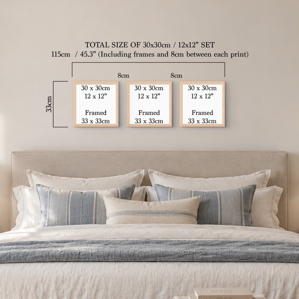 A bedroom scene showing three framed wall art prints above a bed, with overlaid size information reading 'TOTAL SIZE OF 30x30cm / 12x12" SET' and dimensions for the set. This is not a clean standalone product shot because the image includes a real interior environment and explanatory sizing text, so the best fit is Lifestyle rather than Measurement Chart; the chart is informational but presented within a lifestyle room scene rather than as a pure sizing table.