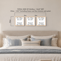 A bedroom scene showing three framed wall art prints above a bed, with overlaid size information reading 'TOTAL SIZE OF 30x30cm / 12x12" SET' and dimensions for the set. This is not a clean standalone product shot because the image includes a real interior environment and explanatory sizing text, so the best fit is Lifestyle rather than Measurement Chart; the chart is informational but presented within a lifestyle room scene rather than as a pure sizing table.