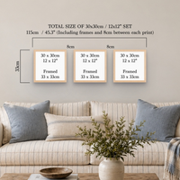 Three framed art prints displayed on a beige wall above a sofa in a living room setting, with text indicating the total size of a 30x30cm / 12x12" set.