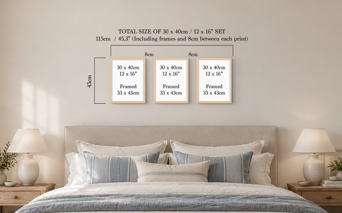 A bedroom scene showing a bed with striped bedding and two matching pillows, with an overlaid size diagram above it indicating the total size of a 30 x 40cm / 12 x 16" set including frames and 8cm spacing.