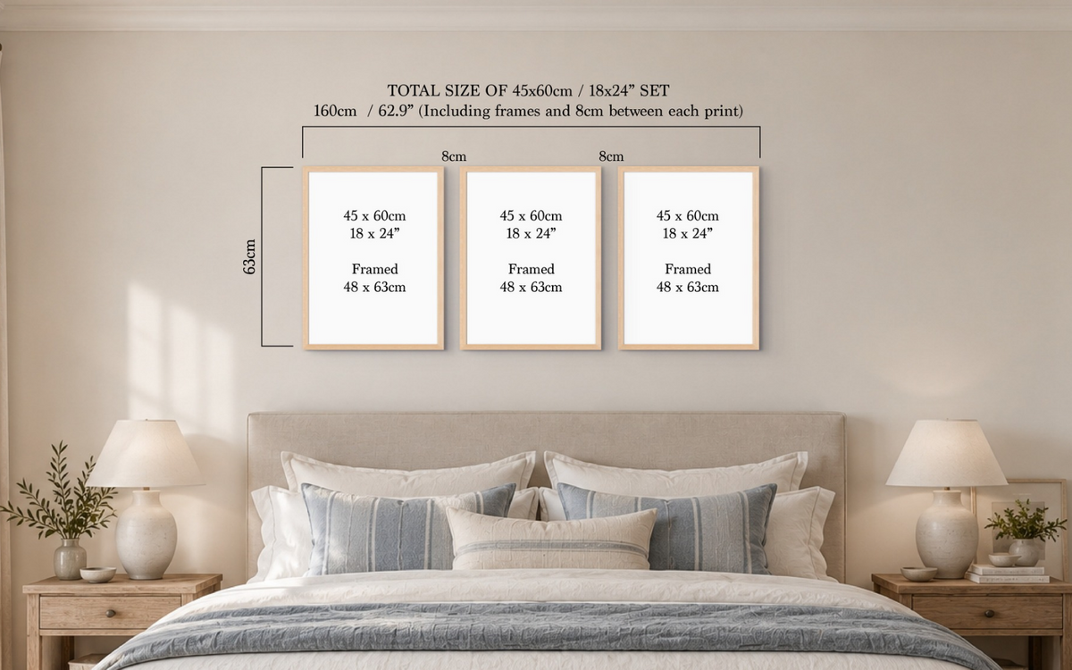 A bedroom mockup showing three framed art prints mounted on a beige wall above a bed. The image includes a size diagram labeled 'TOTAL SIZE OF 45x60cm / 18x24" SET' with dimensions for the set and individual prints.