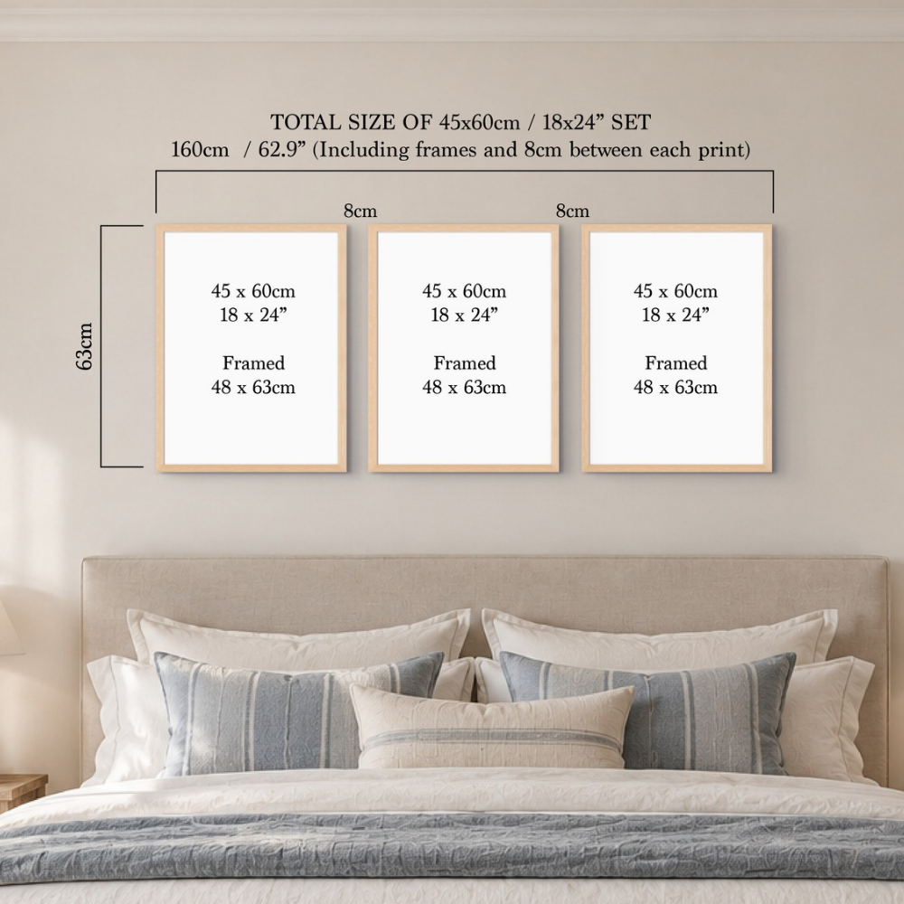 Three framed wall art prints displayed above a bed in a bedroom setting, with overlaid size information for a 45x60cm set including frames and spacing.