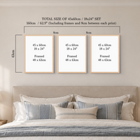 Three framed wall art prints displayed above a bed in a bedroom setting, with overlaid size information for a 45x60cm set including frames and spacing.
