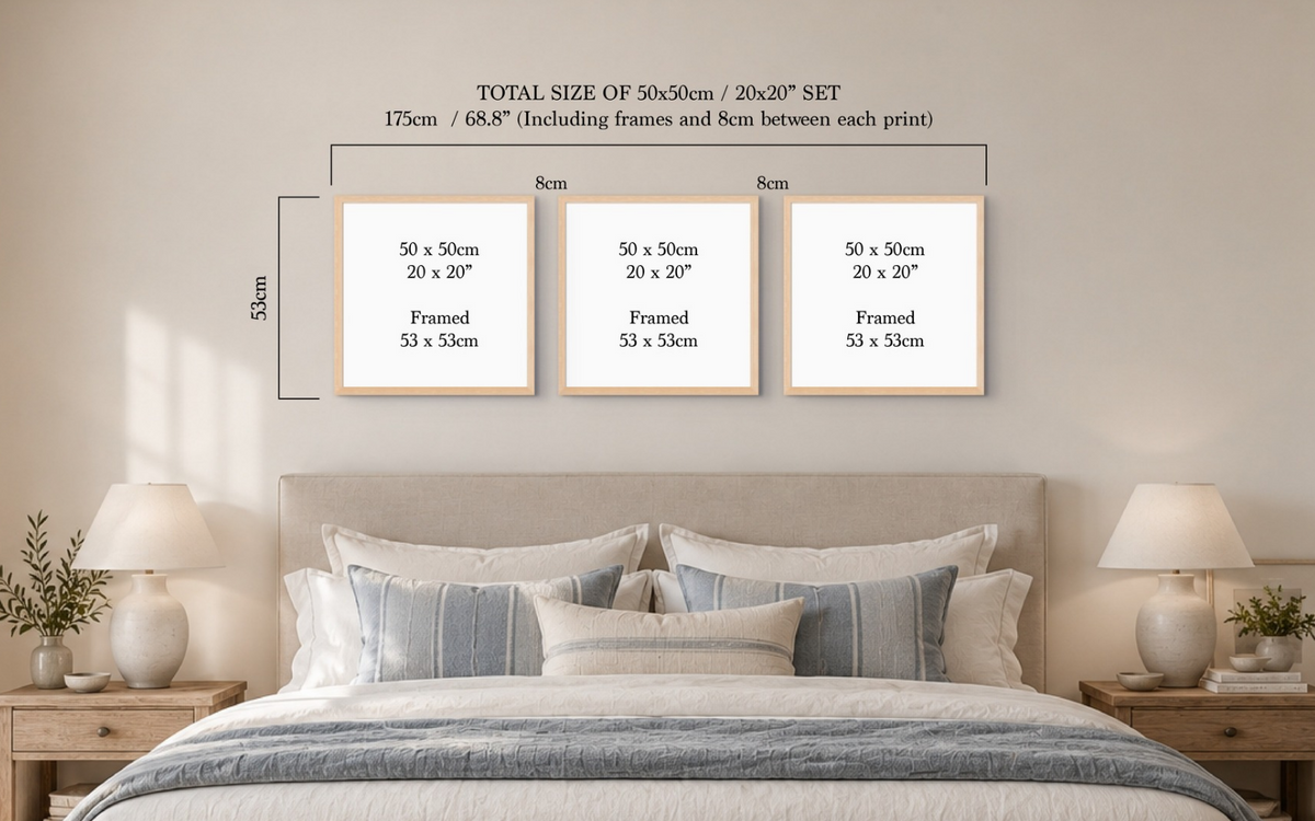 A bedroom mockup showing three framed wall art prints mounted above a bed, with overlaid size information for a 20x20 cm print set. The prints are arranged in a row, each labeled 50 x 50 cm and framed 53 x 53 cm, with 8 cm spacing between them.