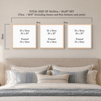 Three framed wall art prints shown above a bed in a styled bedroom, with overlaid dimension labels indicating a 50x50cm / 20x20cm set and total size information.
