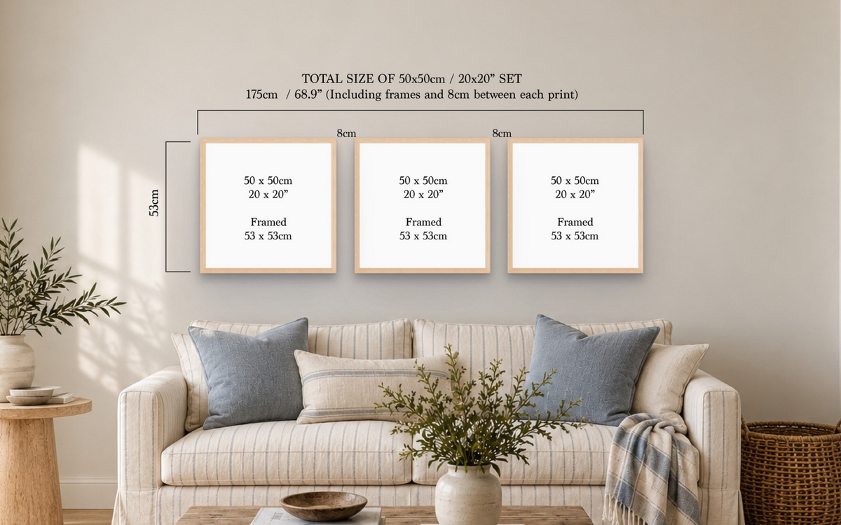 Three framed wall art prints shown hanging above a sofa in a styled living room, with measurement labels indicating a total size of 50x50cm / 20x20cm set and dimensions 173cm / 68.9" including frames and 8cm between each print.