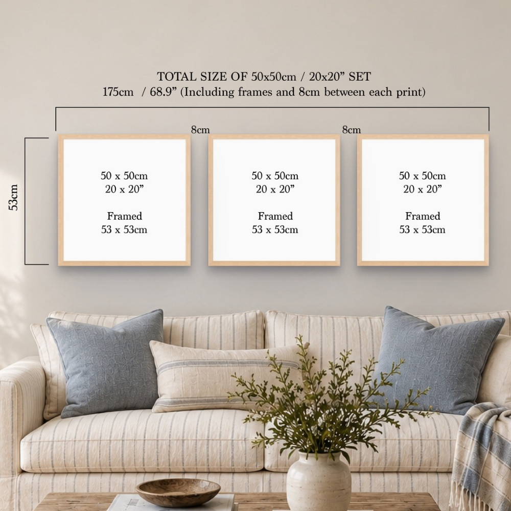 Three framed wall art prints shown above a sofa in a living room setting, with overlaid dimensions indicating a 50x50cm / 20x20" set and total size information.