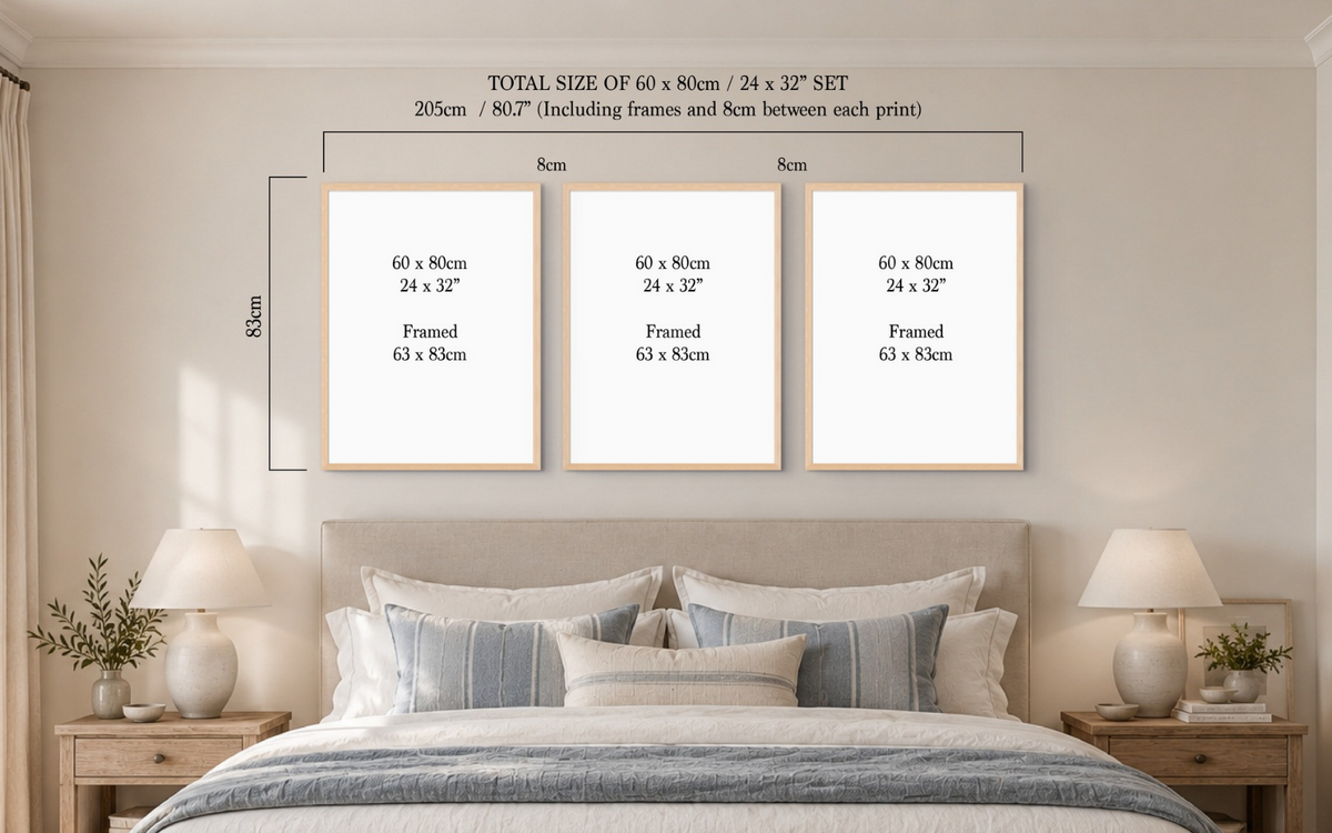 Three framed wall art prints shown above a bed in a styled bedroom, with overlaid dimension labels indicating a 60 x 80 cm / 24 x 32" set and total size of 60 x 80 cm / 24 x 32" set.