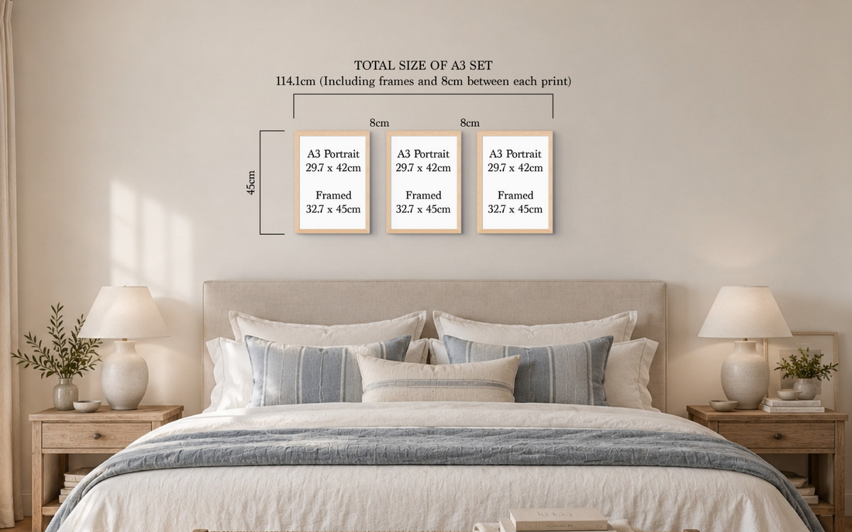 A bedroom scene showing a bed with striped bedding and pillows, with overlaid text and measurement labels for an A3 portrait print set. The text reads 'TOTAL SIZE OF A3 SET 114.