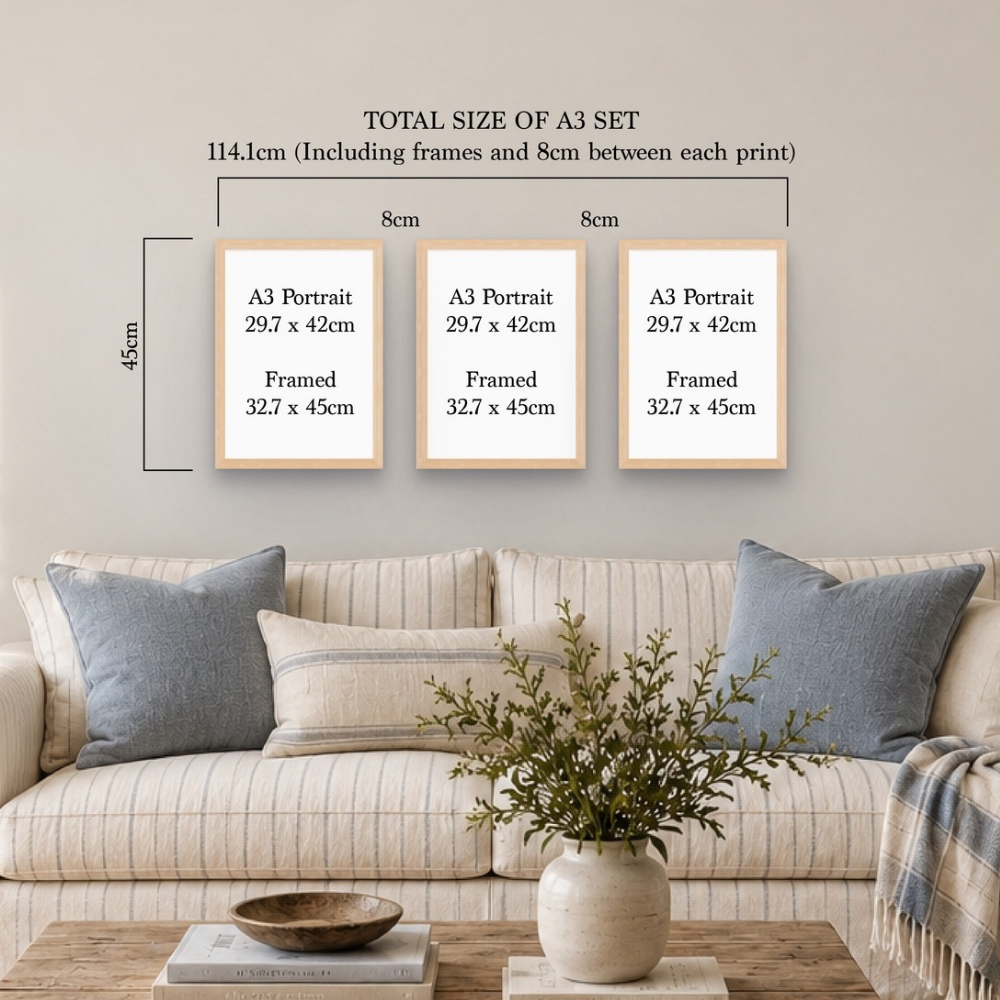 A living room scene showing three framed A3 portrait prints mounted on a beige wall above a sofa. Text at the top reads 'TOTAL SIZE OF A3 SET 114.