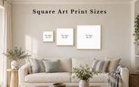 Square wall art size guide showing 30 x 30cm, 50 x 50cm and 70 x 70cm framed prints above a sofa.
