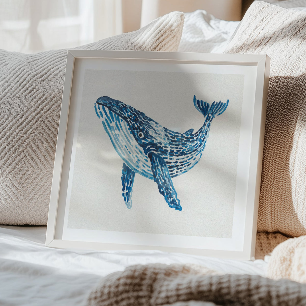 Blue whale painting framed in bedrom. the whale print is painted with layered blue watercolour brushstrokes on a neutral background