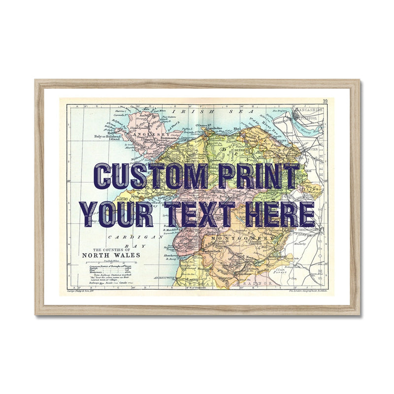 North Wales (Navy Vintage Font) Personalised Map Print | Vintage Map Wall Art - Framed