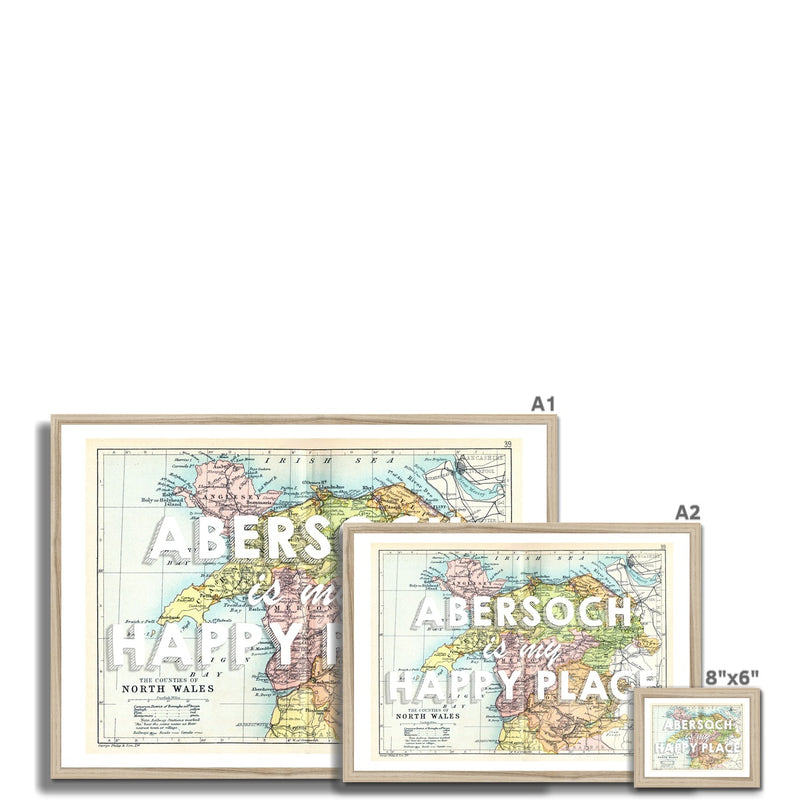 Abersoch is my Happy Place Quote on Vintage North Wales Map Print - Framed