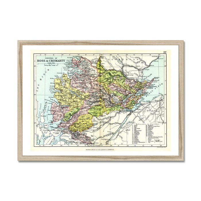 Framed vintage map print of Ross and Cromarty featuring a detailed illustration of a region, with various colours representing different areas, enclosed in a simple wooden frame.