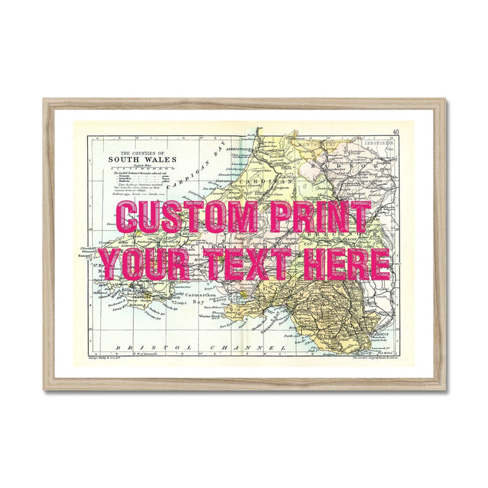 Framed vintage map print of South Wales with a custom text area marked for personalisation, displayed on a white background