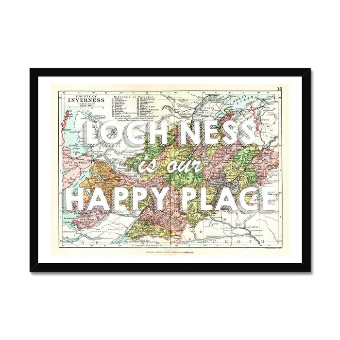 Loch Ness is our happy place quote on Loch Ness Vintage Map Print | White - Framed