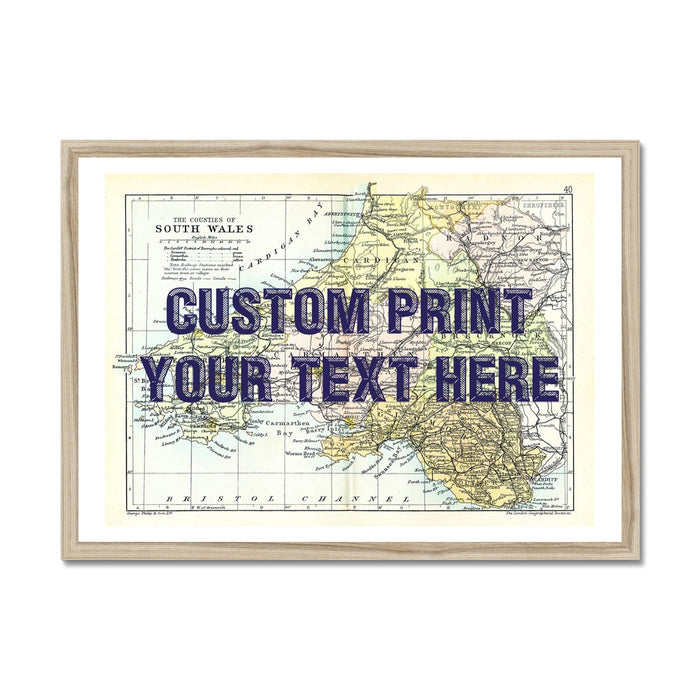 South Wales Personalised Map Print with Quote (Navy Vintage Font) | Vintage Wales Map Print - Unframed