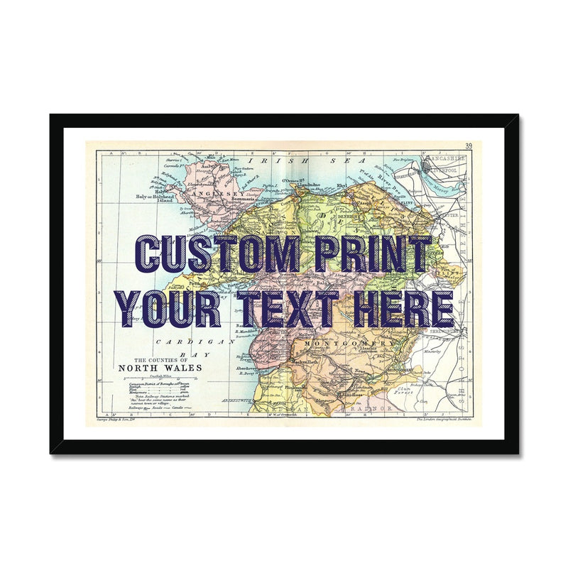 North Wales (Navy Vintage Font) Personalised Map Print | Vintage Map Wall Art - Framed