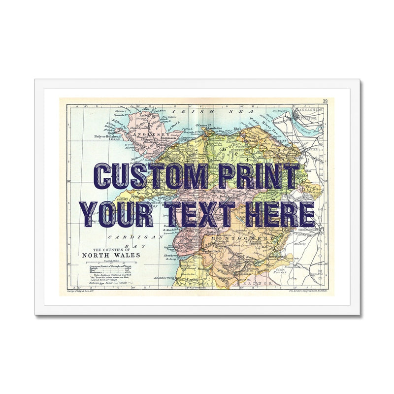 North Wales (Navy Vintage Font) Personalised Map Print | Vintage Map Wall Art - Framed