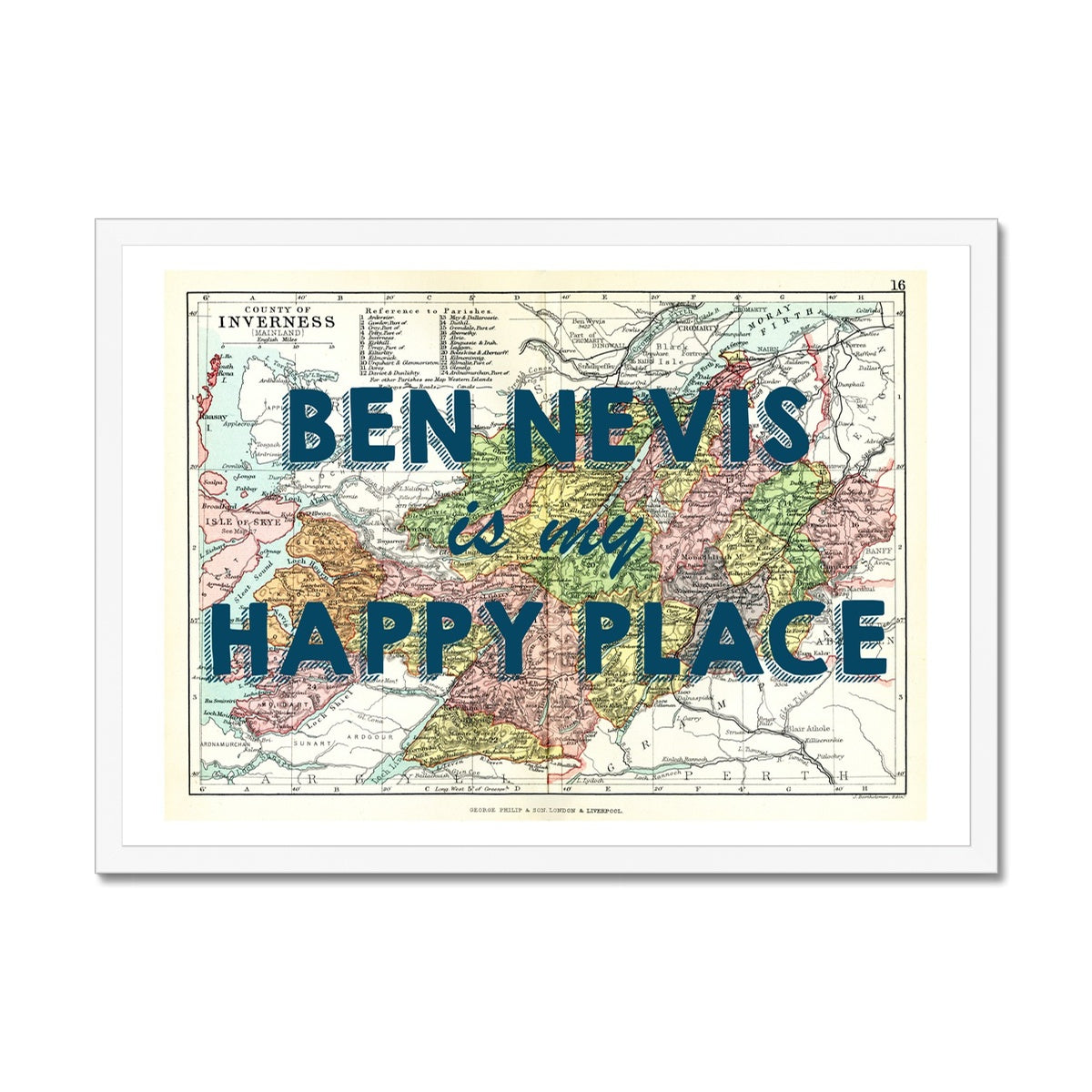 Ben Nevis Map Print Framed with white Frame