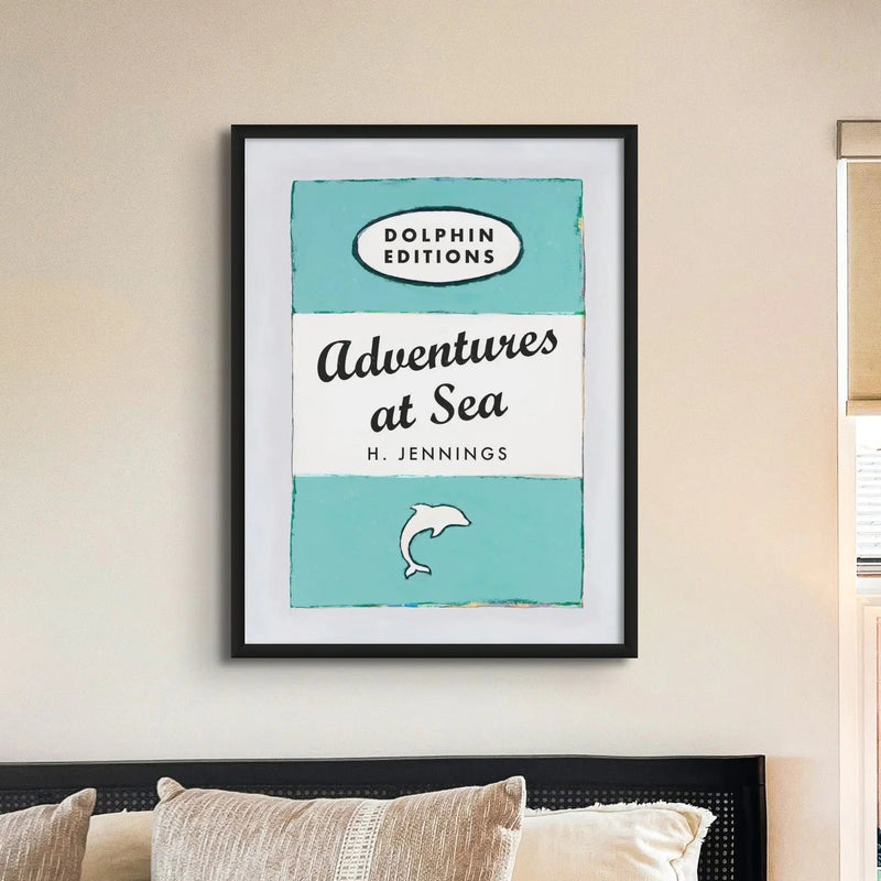 Adventures at Sea quote print on vintage style book cover | Aqua Blue - Framed
