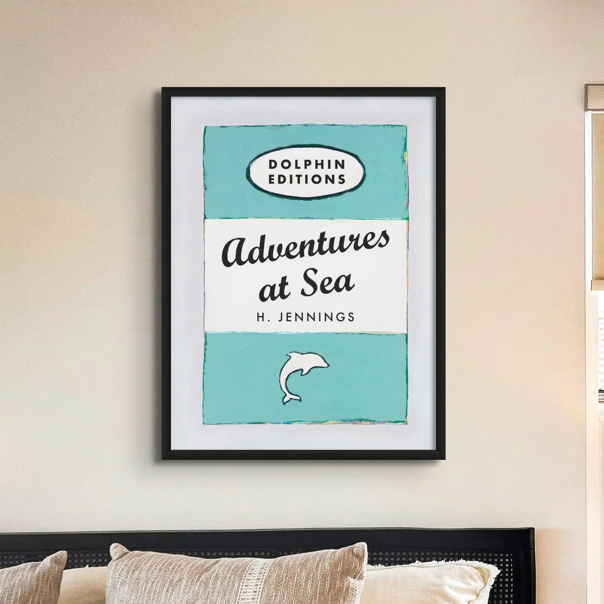 Adventures at Sea quote print on vintage style book cover on blue  - Unframed