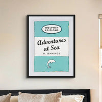 Adventures at Sea quote print on vintage style book cover on blue  - Unframed