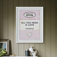 Beach House Art | All You Need is Love (Pink) | Lyric Book Cover Art Print  in white frame in green kitchen