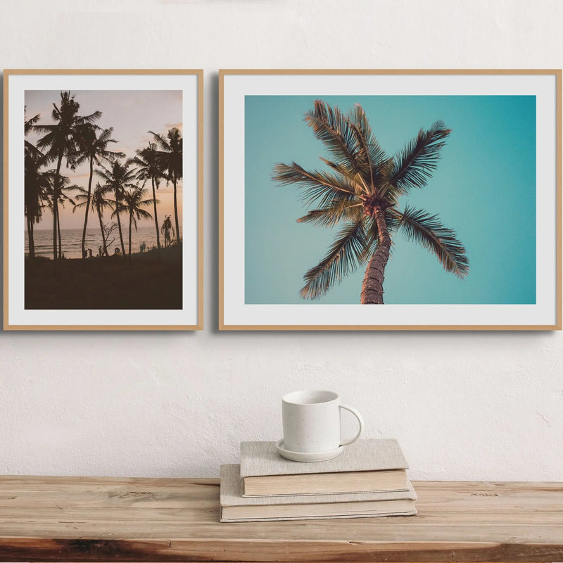 set of two palm tree photographs in natural frames above a wood side table - beach house art