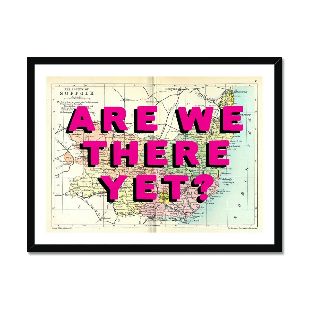 Are We There Yet? (Suffolk Map) Vintage Map Art - Framed - Beach House Art