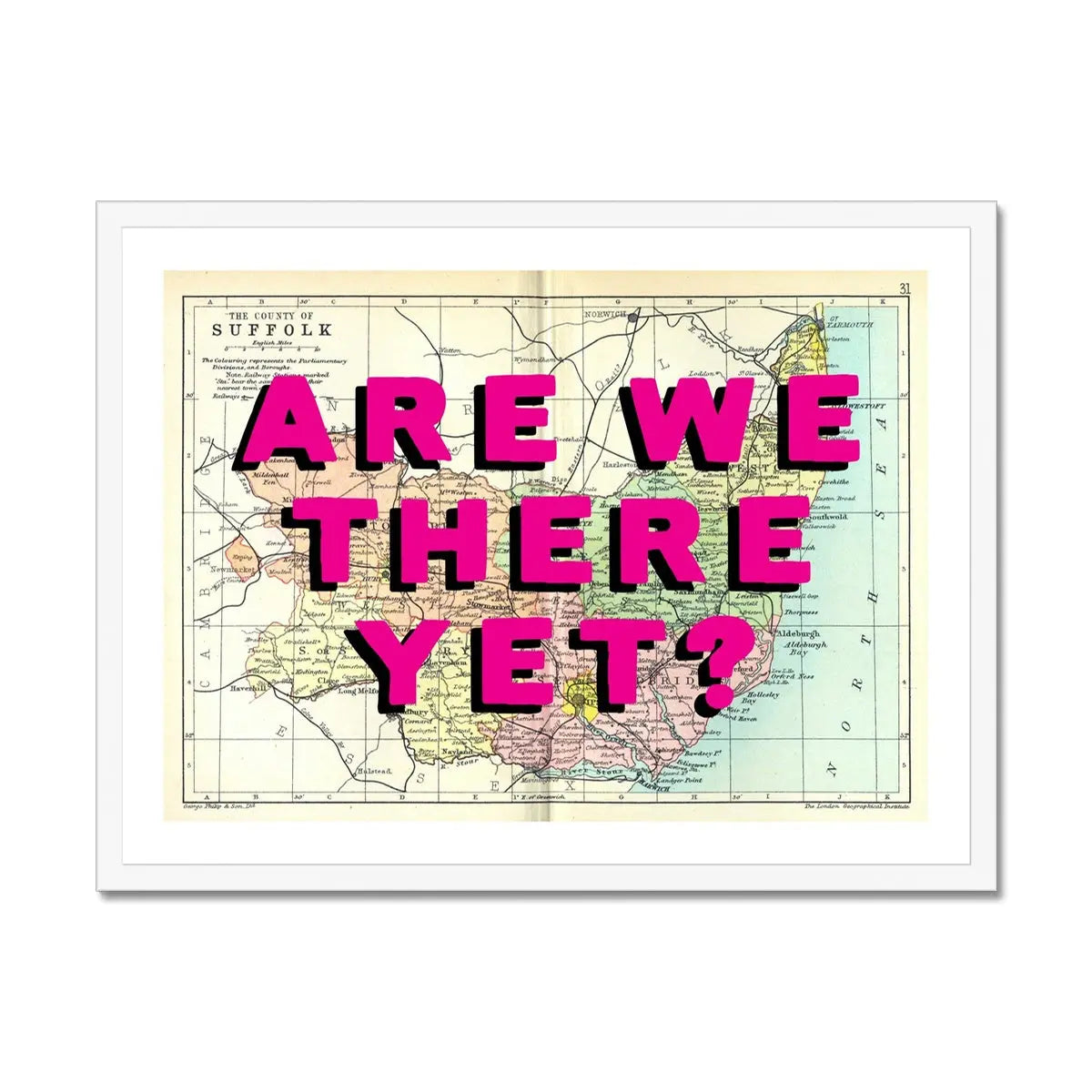 Are We There Yet? (Suffolk Map) Vintage Map Art - Framed - Beach House Art